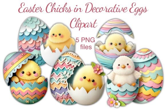 Bringing Spring to Life with Easter Chicks in Decorative Eggs Clipart