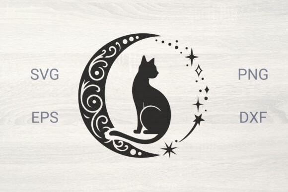 Cat with Decorative Moon and Sparkles Design