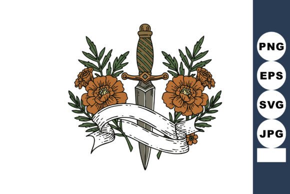 Vintage Dagger & Orange Floral Vector Design